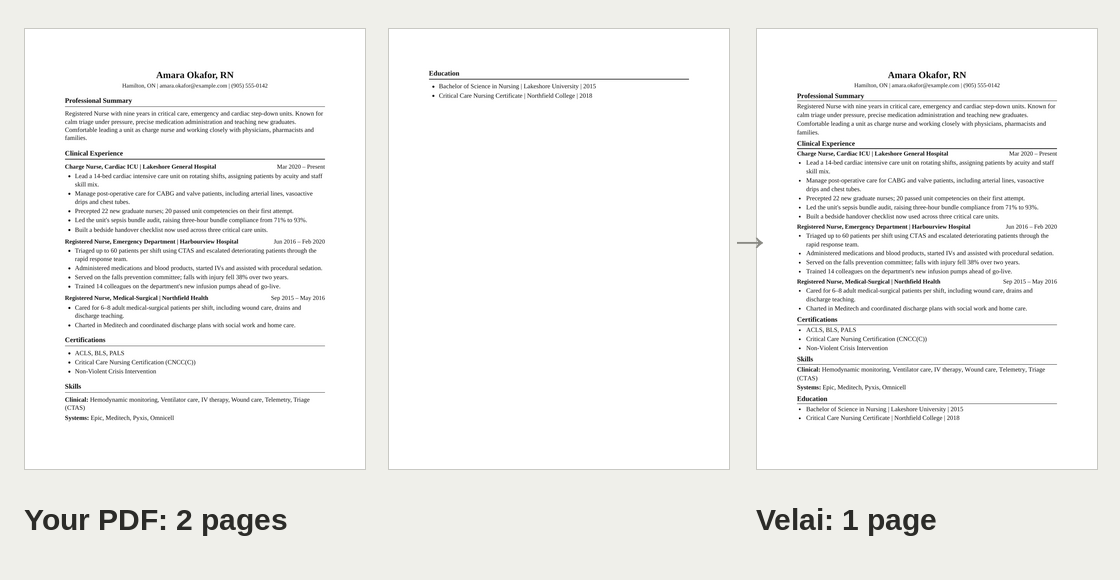 A two-page résumé PDF next to Velai's one-page download with the same style of type and margins